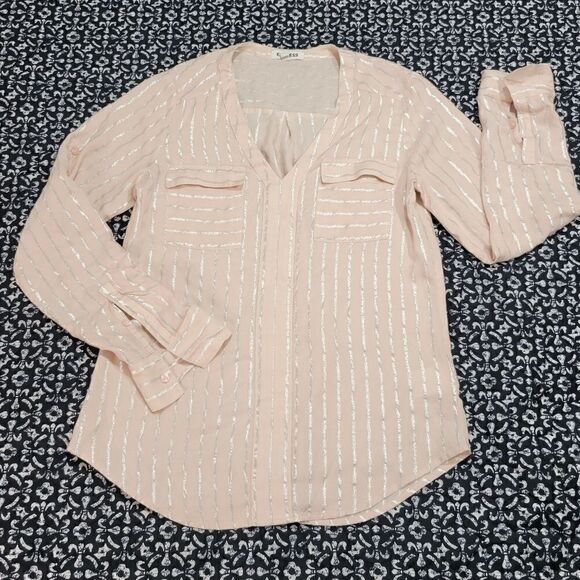 Express Blush Pink Shimmer Striped Business Dressy Loose Fit Flowy Blouse Tunic - Picture 1 of 6
